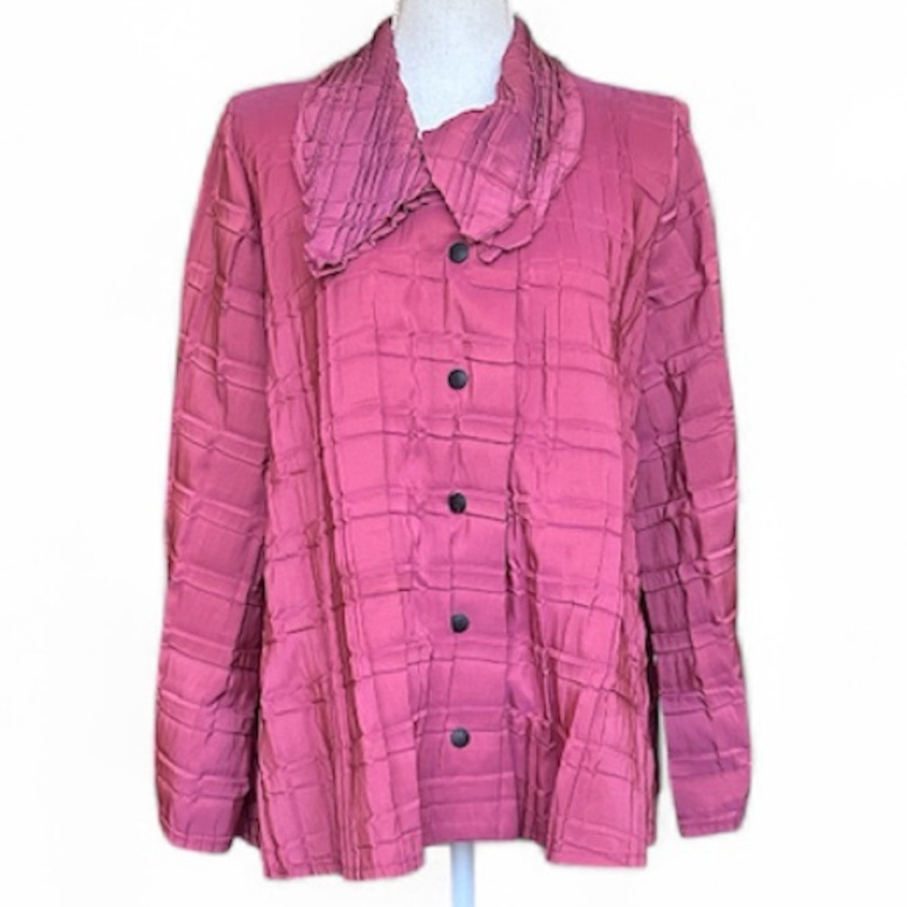 Babette Raspberry Pink Textured Trapeze Double Collar Shirt Blouse Oversized XS